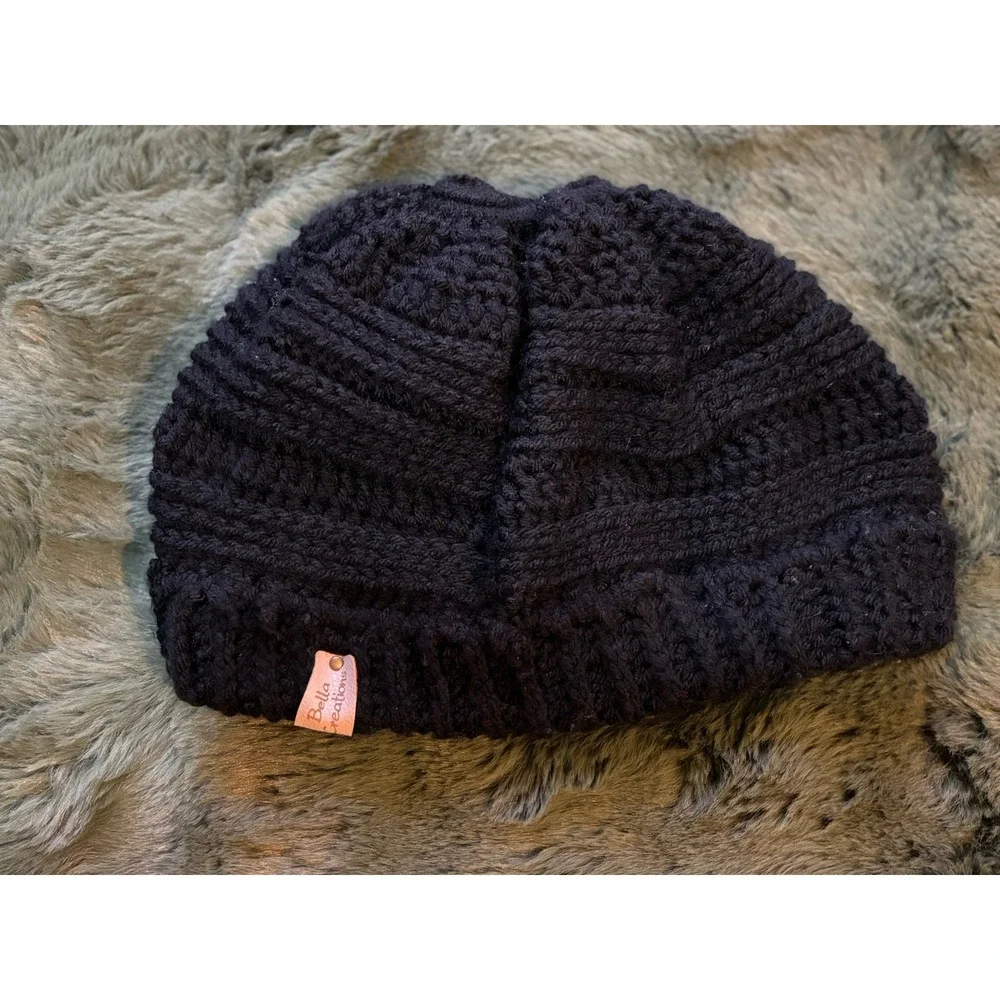 Handmade Crocheted Knit‎ Ponytail Beanie Black Adult Size Logo Bella Creations